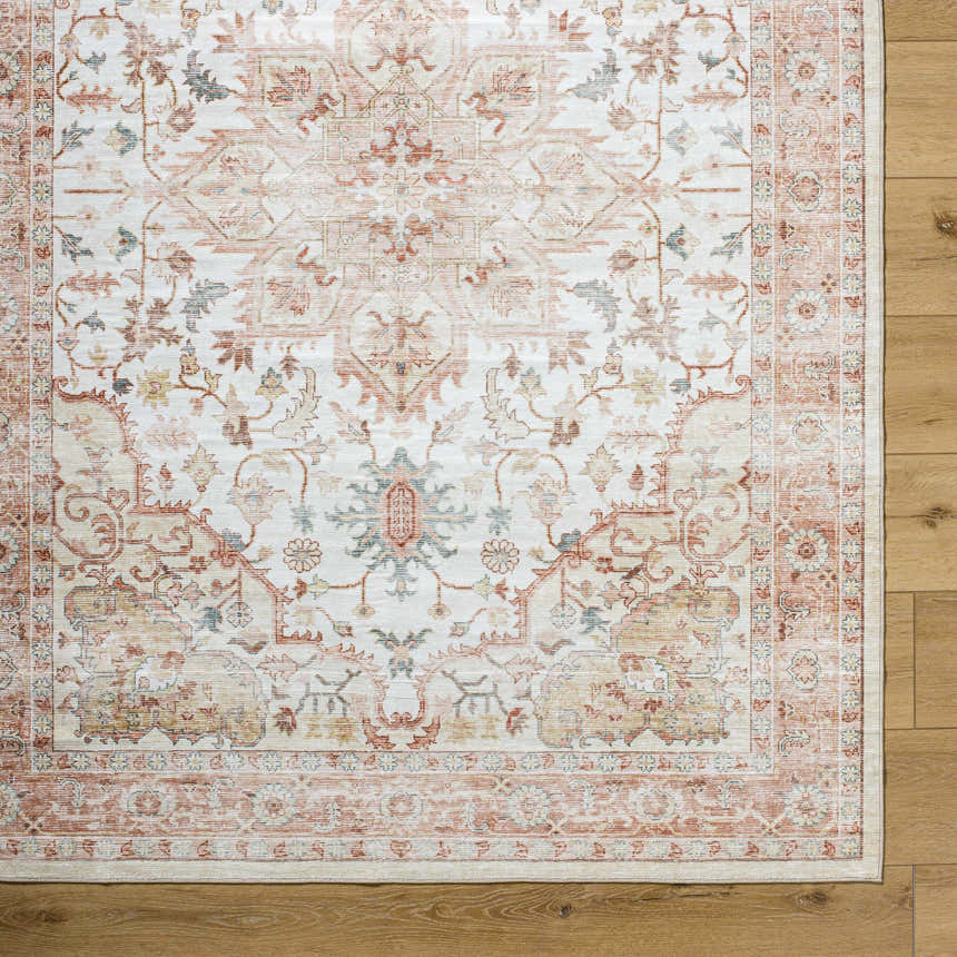 Close-up of the Lotan Pink Medallion Washable Area Rug showing its traditional light gray, tan, and sterling gray pattern. Corner