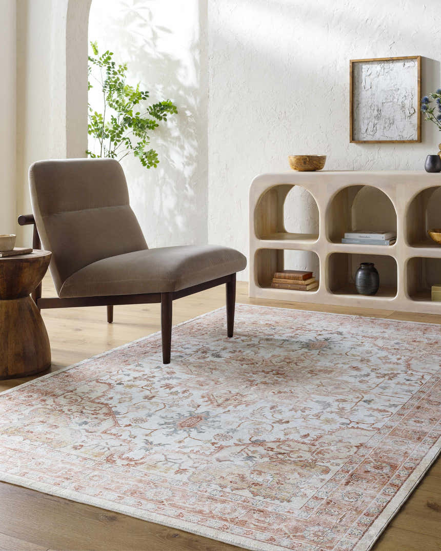 Living room with a gray chair and the Lotan Pink Medallion Washable Area Rug, creating a farmhouse style. Roomscene-Rectangle