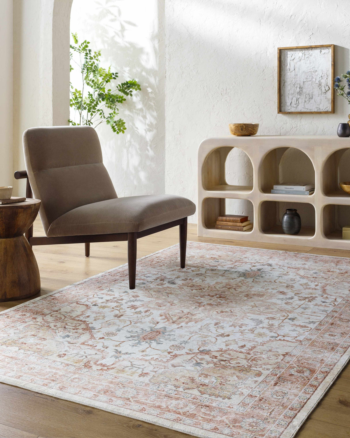 Living room with a gray chair and the Lotan Pink Medallion Washable Area Rug, creating a farmhouse style. Roomscene-Rectangle