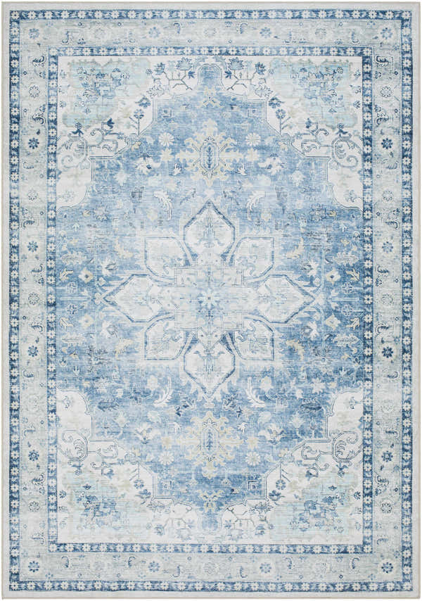 Lotan Blue Medallion Washable Area Rug with farmhouse style design. Light gray, silver, and blue traditional rug. Design-Rectangle-576