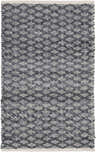 Close-up of the Alta Area Rug. Hand-woven polyester rug in charcoal, cream, and light gray with a geometric pattern. Design-Rectangle-23
