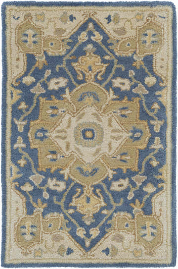 Close-up of the Broomfield 1145 rug. Hand-tufted wool rug in ink blue, tan, and taupe with a traditional, oriental-inspired design. Design-Rectangle-23
