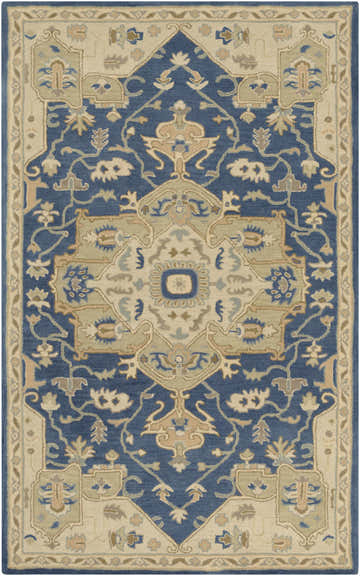 Detailed Broomfield 1145 blue wool rug. Hand-tufted with a traditional oriental design in blue, tan, taupe, and gray. Design-Rectangle-58