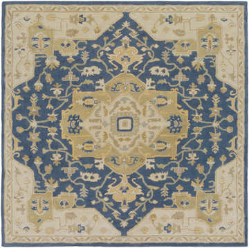 Detailed square Broomfield 1145 rug with blue, tan, and ivory hues. Hand-tufted wool rug with an oriental-inspired floral pattern. Design-Square-8