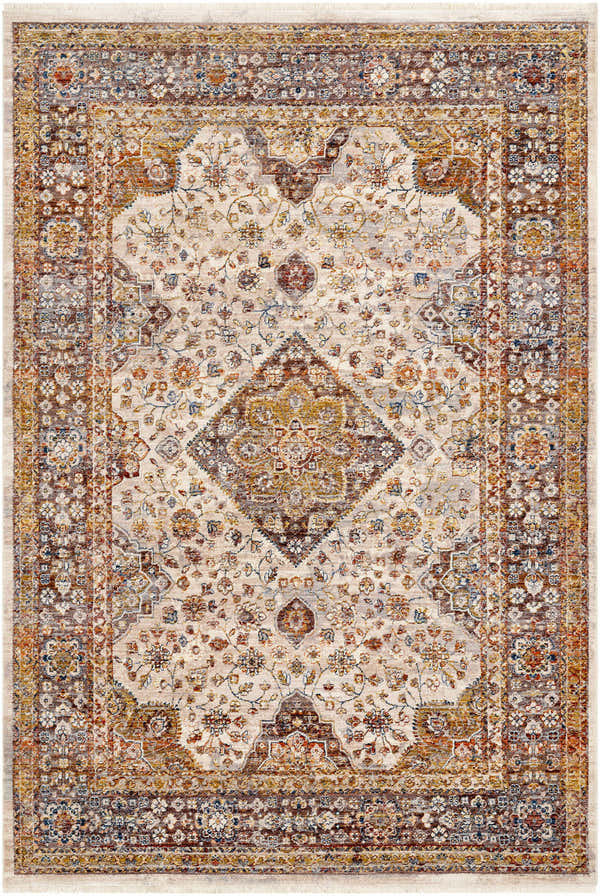 Close-up of the Luba Area Carpet - Clearance. Cream rug with traditional floral pattern in rust, blue, mustard, and gray. Design-Rectangle-58