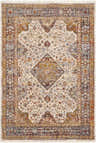 Close-up of the Luba Area Carpet - Clearance. Cream rug with traditional floral pattern in rust, blue, mustard, and gray. Design-Rectangle-58