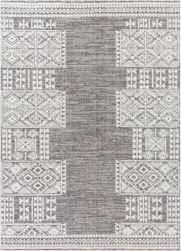 Close-up of the Luddenham Textured Outdoor Rug. Black, gray, and white farmhouse style rug with geometric pattern. Design-Rectangle-710103
