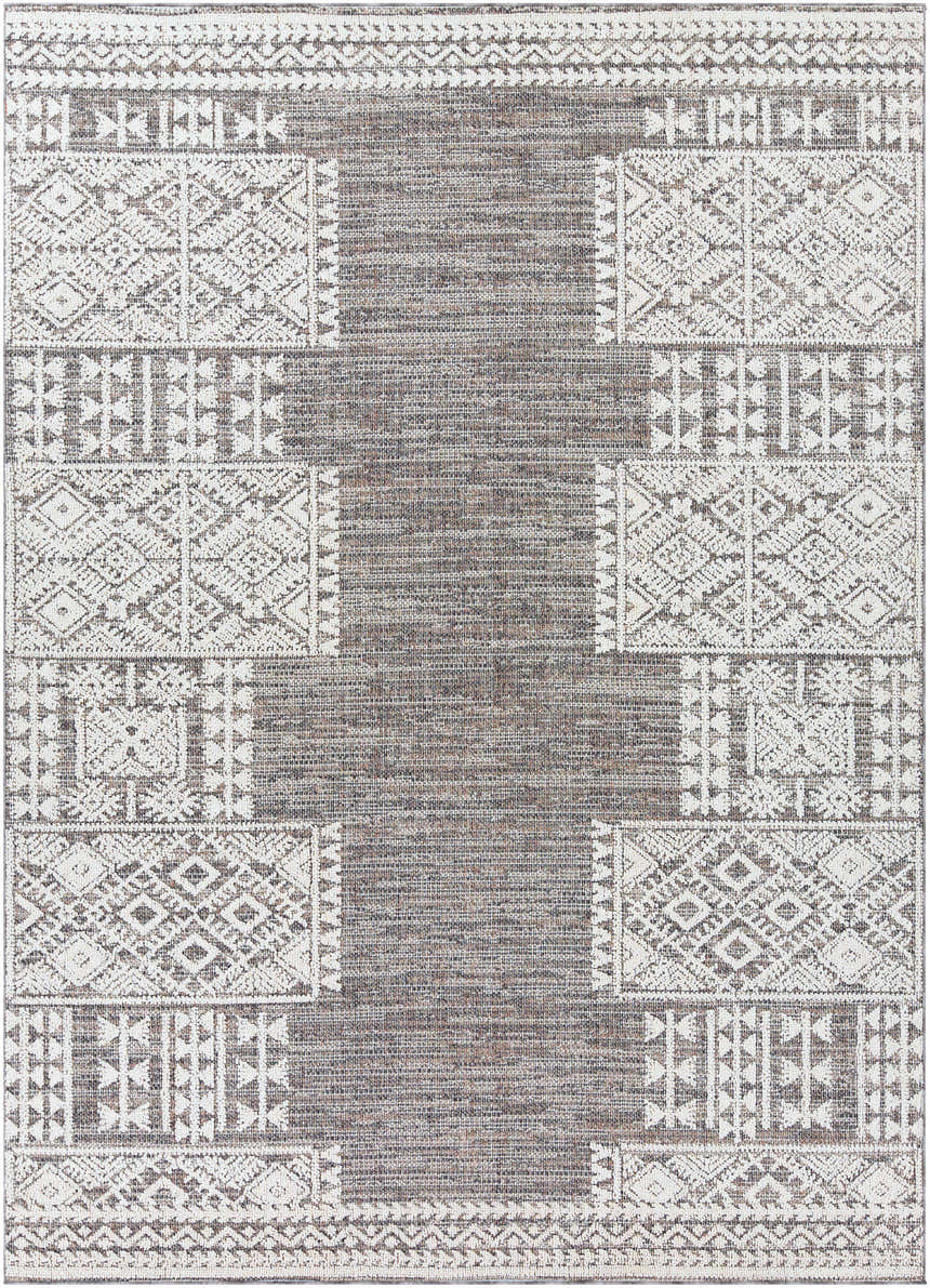 Close-up of the Luddenham Textured Outdoor Rug. Black, gray, and white farmhouse style rug with geometric pattern. Design-Rectangle-710103