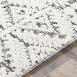 Close-up of the Luddenham Textured Outdoor Rug. White and gray farmhouse-style rug with a soft, raised pattern. Texture