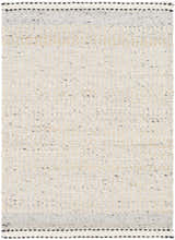 Close-up of Lumatil Area Rug: hand-woven jute and wool rug in cream, light gray, and black with a farmhouse style. Design-Rectangle-23