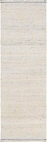 Close-up of the hand woven Lumatil Area Rug. Features black, cream, and gray jute and wool fibers. Farmhouse style. Design-Runner-268