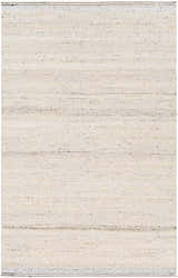 Close-up of the hand-woven Lumatil Area Rug. Jute and wool rug in cream, light beige, and charcoal with subtle stripes. Design-Rectangle-576