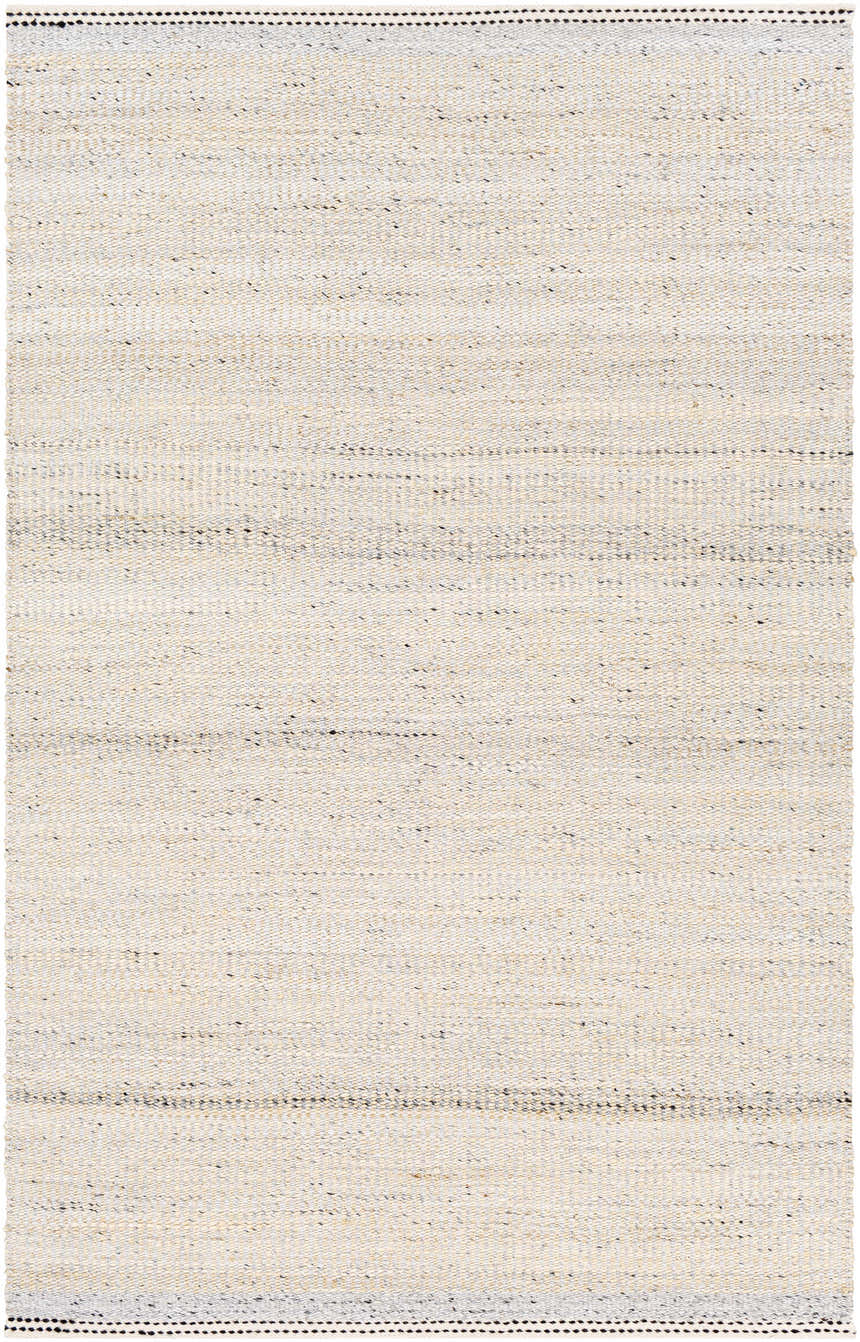 Close-up of the hand-woven Lumatil Area Rug. Jute and wool rug in cream, light beige, and charcoal with subtle stripes. Design-Rectangle-576