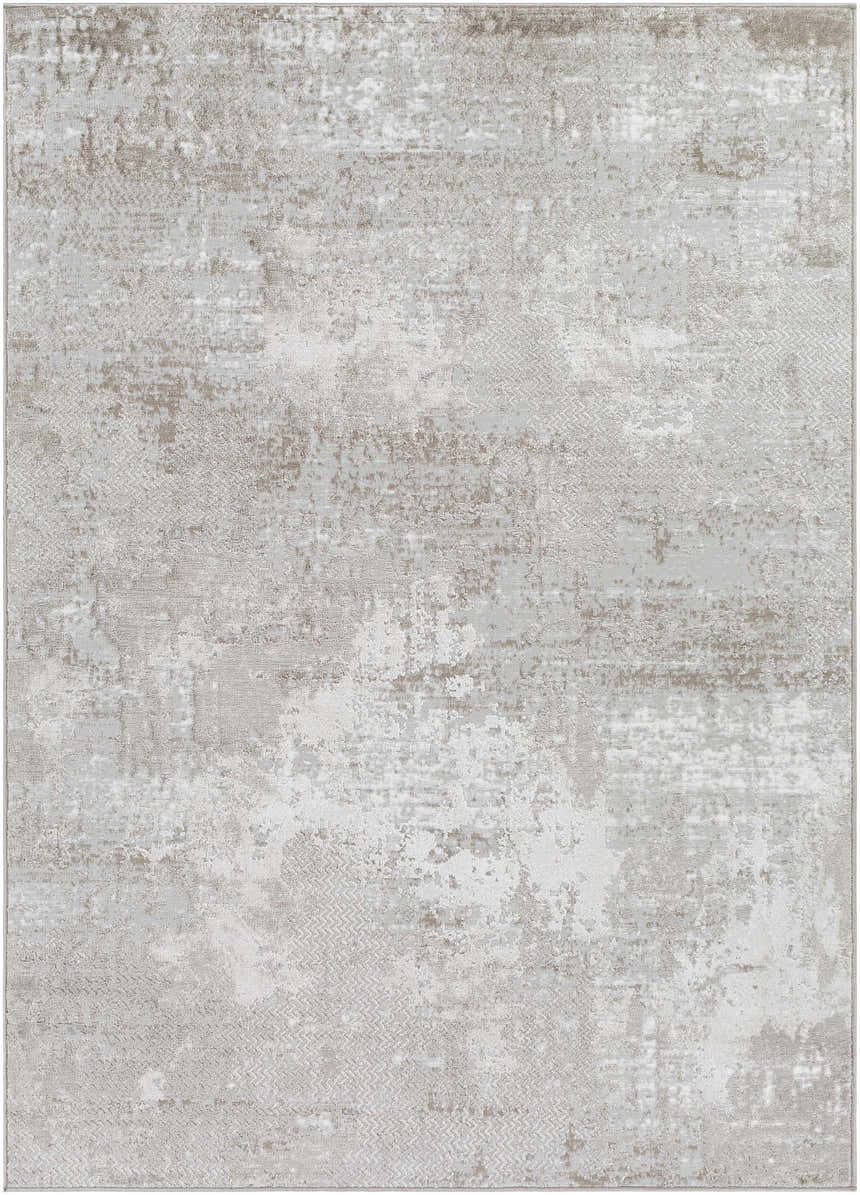 Close-up of the Lumbia Distressed Embossed Area Rug, showcasing its light gray, beige, and white abstract pattern and subtle texture. Design-Rectangle-537