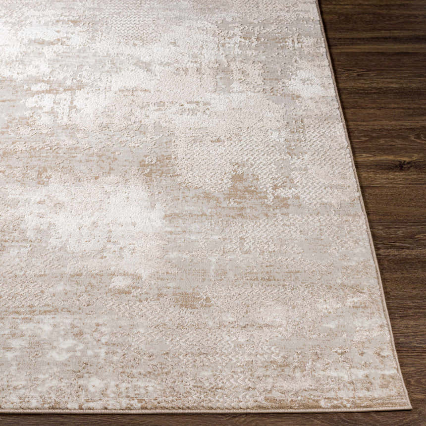 Close up of the Lumbia Distressed Embossed Area Rug, showcasing its neutral tones and subtle, textured pattern. Front