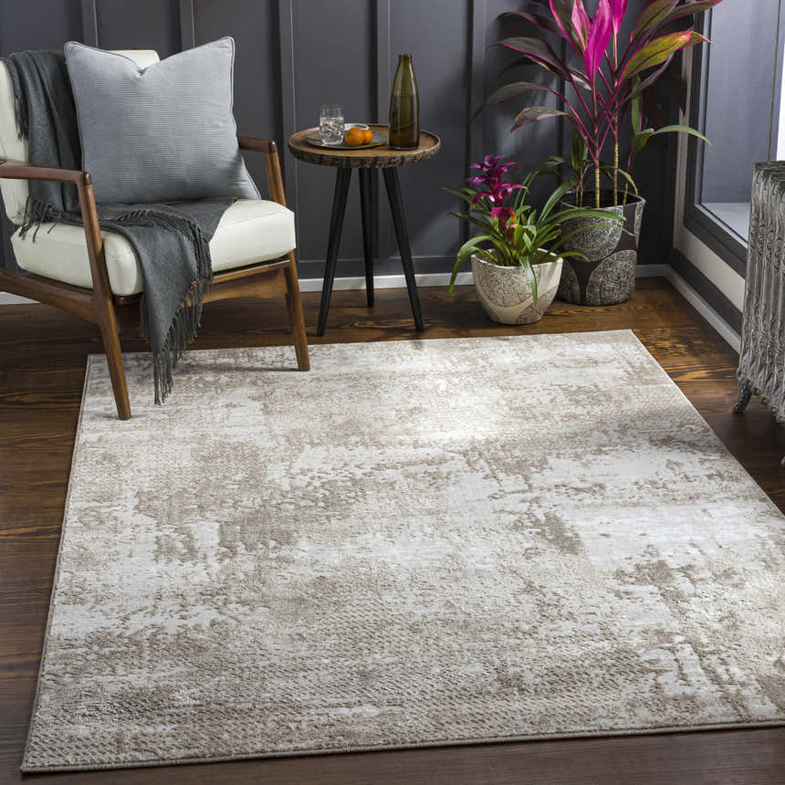 Living room scene with a Lumbia Distressed Embossed Area Rug, chair, side table, and plants. Neutral tones and contemporary style. Roomscene-Rectangle