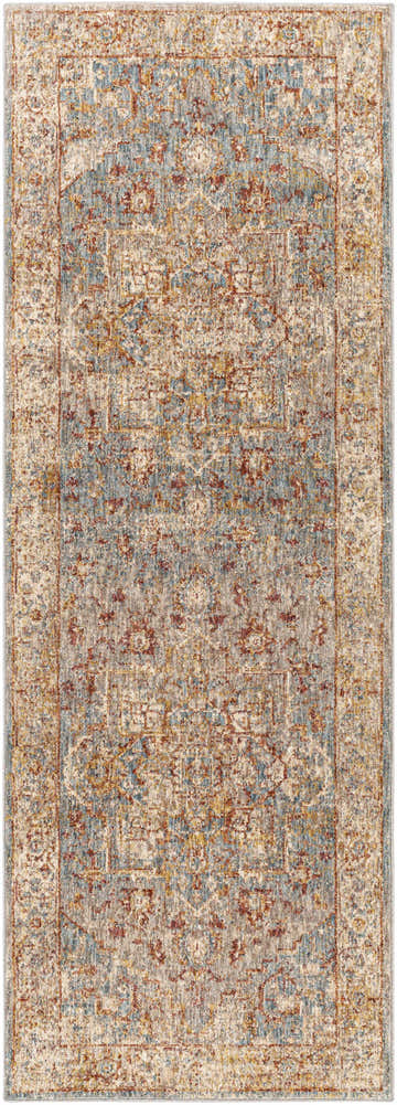 Close-up of the Lumpkin Area Rug. Traditional design in brick red, charcoal, light beige, olive, pale blue, peach, rust, and teal. Design-Runner-2773