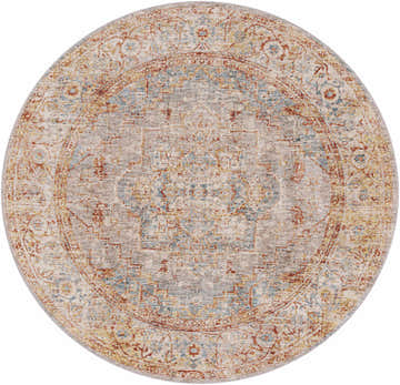 Round Lumpkin Area Rug featuring a traditional oriental pattern in brick red, charcoal, light beige, and pale blue. Design-Round-53