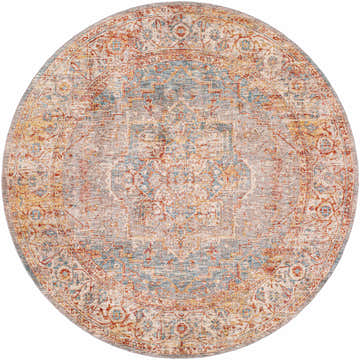 Round Lumpkin Area Rug featuring a traditional oriental design in brick red, charcoal, light beige, and teal. Design-Round-67