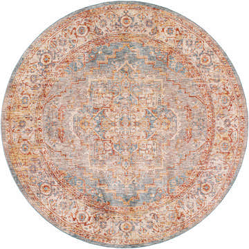 Round Lumpkin Area Rug featuring a traditional oriental design in brick red, charcoal, light beige, and teal. Design-Round-710