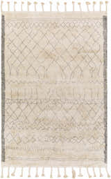 Close-up of the hand-woven Luncarty Area Rug. Cream cotton rug with gray geometric diamond and wavy line pattern and tassels. Design-Rectangle-576