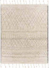 Hand woven Luncarty Area Rug in cream and gray cotton with diamond pattern and tassels. Design-Rectangle-810