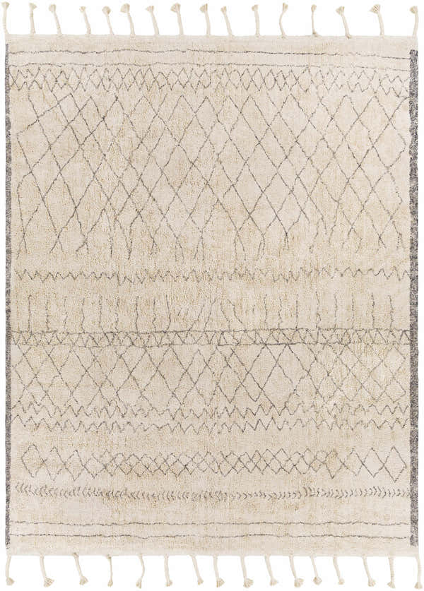 Hand woven Luncarty Area Rug in cream and gray cotton with diamond pattern and tassels. Design-Rectangle-810