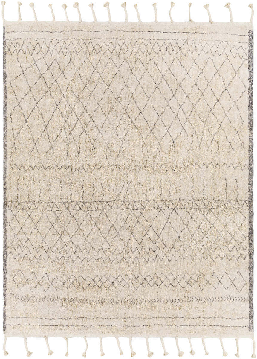 Hand woven Luncarty Area Rug in cream and gray cotton with diamond pattern and tassels. Design-Rectangle-810