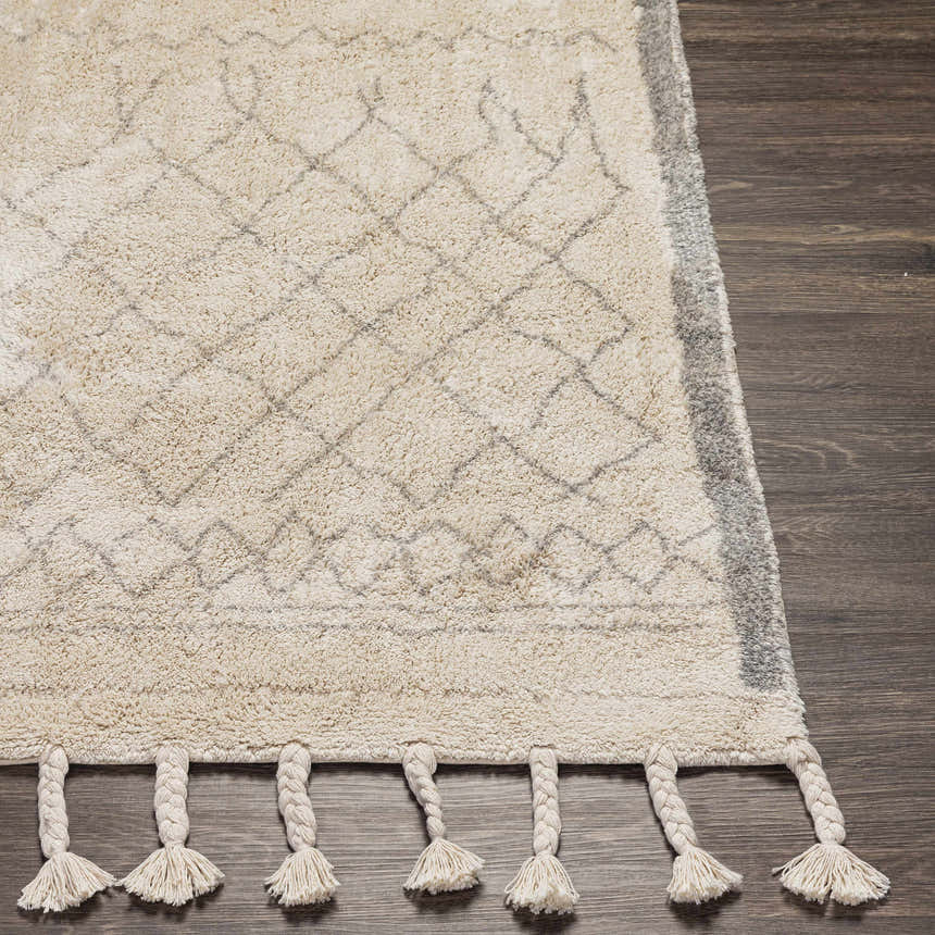 Close up of the Luncarty Area Rug. Cream rug with gray diamond pattern and braided tassels on dark wood floor. Front