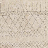 Close-up of the hand woven Luncarty Area Rug. Cream cotton rug with gray geometric diamond and zig zag pattern. Swatch