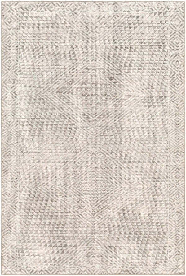 Close-up of the Lusacan Area Carpet featuring a geometric diamond pattern in charcoal, gray, and off-white hues. Design-Rectangle-576