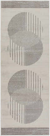 Close-up of Elvi Area Rug. Gray geometric design with vertical lines forming circles on a natural gray background. Design-Runner-2773