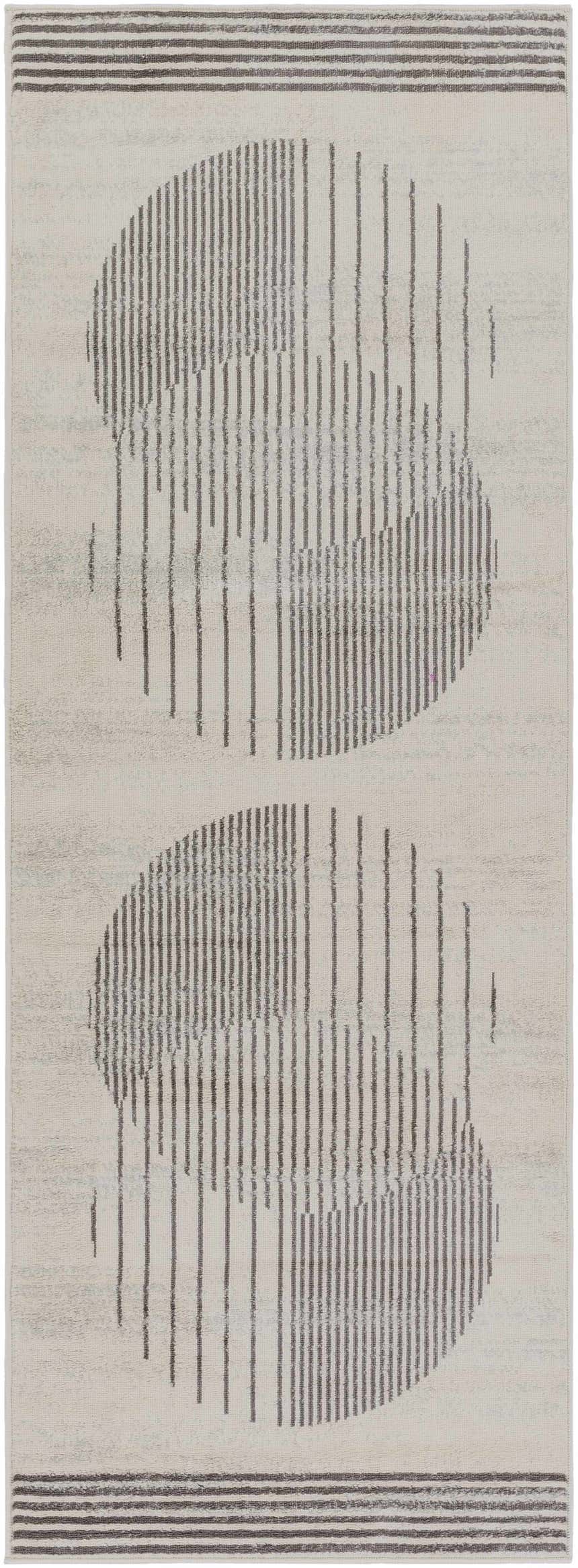Close-up of Elvi Area Rug. Gray geometric design with vertical lines forming circles on a natural gray background. Design-Runner-2773