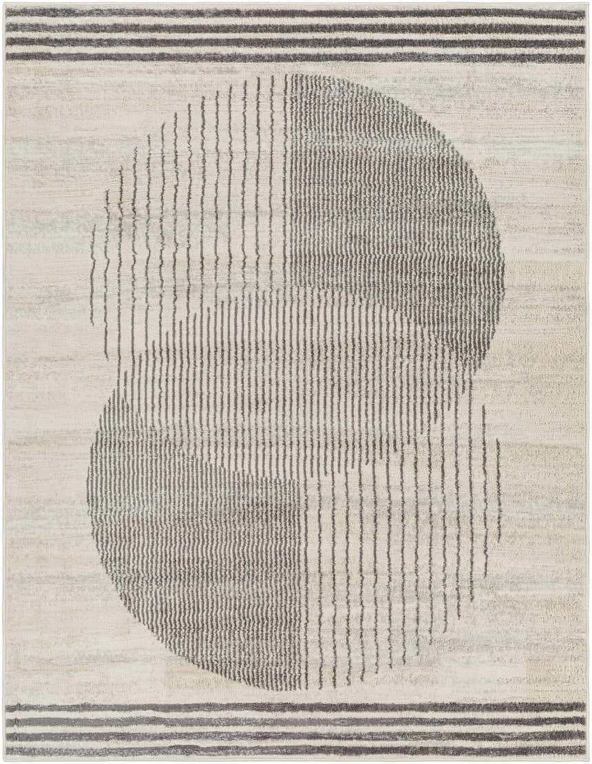 Close-up of the Elvi Area Rug: a geometric, mid-century modern design in dark gray, gray, and natural gray. Design-Rectangle-537