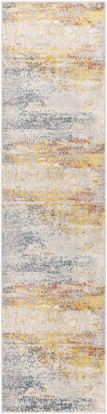 Close-up of the Alexandra Area Rug, a contemporary design in brick red, charcoal, mustard, and blue hues. Design-Runner-2710