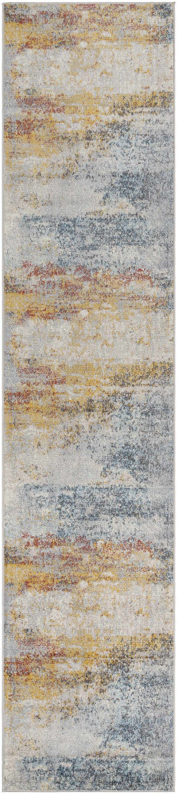 Close-up of the Alexandra Area Rug, a contemporary design in brick red, charcoal, mustard, and blue hues. Design-Runner-2712