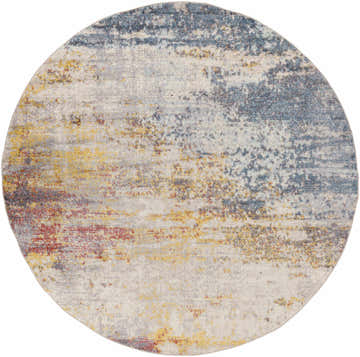 Close-up of the round Alexandra Area Rug. Features an abstract pattern with brick red, charcoal, cream, and mustard hues. Design-Round-710