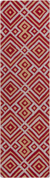 Close-up of Loyalhanna Area Rug featuring a geometric diamond pattern in gray, medium brown, and rust hues. Hand-hooked texture. Design-Runner-38