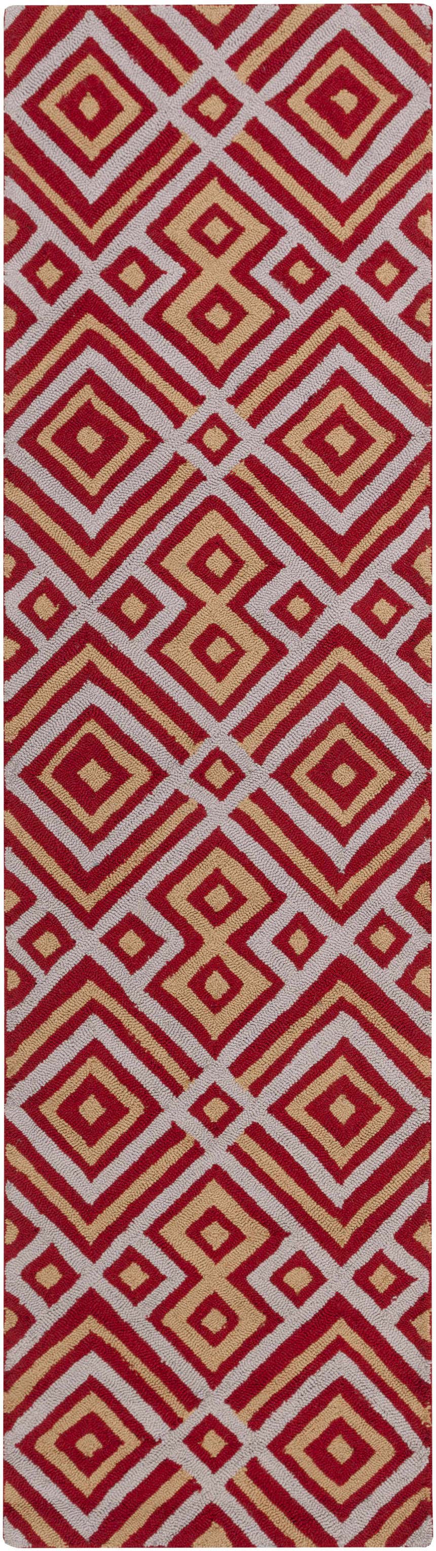 Close-up of Loyalhanna Area Rug featuring a geometric diamond pattern in gray, medium brown, and rust hues. Hand-hooked texture. Design-Runner-38