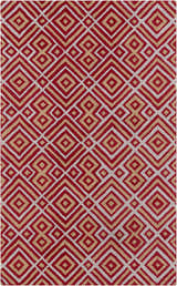 Close-up of the Loyalhanna Area Rug, a contemporary round rug with gray, medium brown, and rust geometric pattern. Design-Rectangle-58