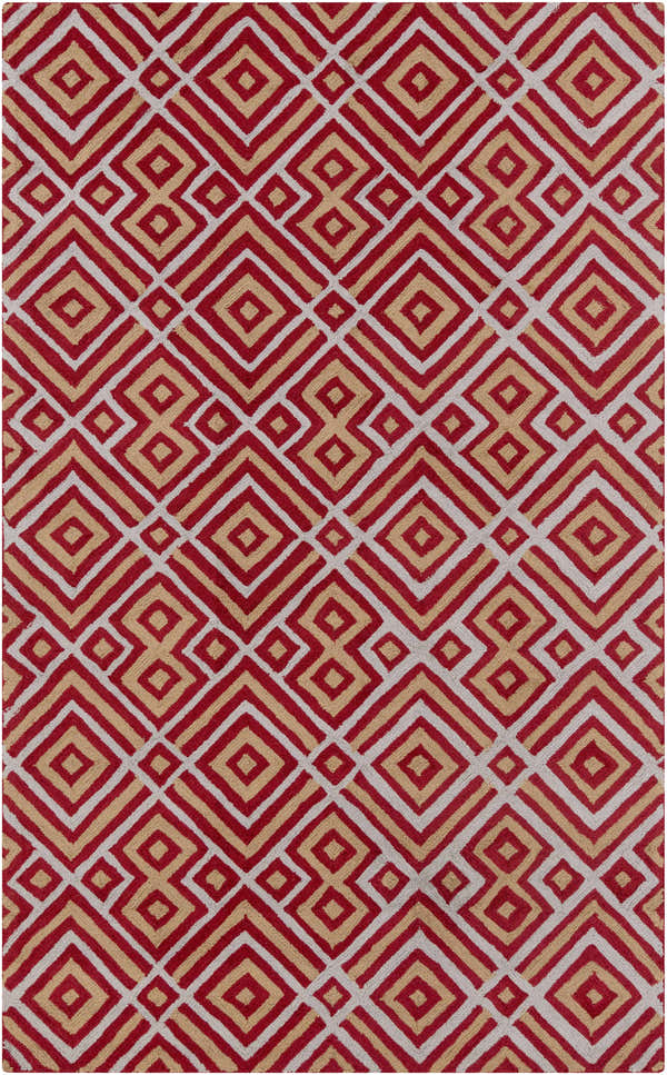 Close-up of the Loyalhanna Area Rug, a contemporary round rug with gray, medium brown, and rust geometric pattern. Design-Rectangle-58