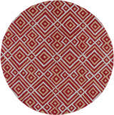Close-up of the round Loyalhanna Area Rug. Features a geometric diamond pattern in rust, medium brown, and gray. Design-Round-6