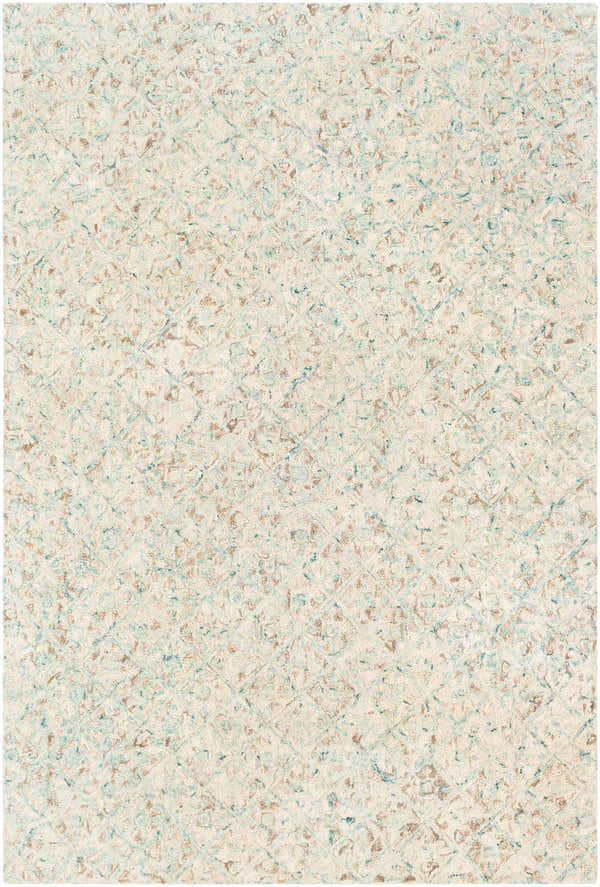 Close-up of the hand-tufted Lysander Area Rug. Light beige wool with blue and brown contemporary pattern. Design-Rectangle-576