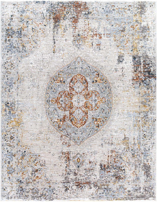 Detailed view of the Ely Area Rug, a machine-woven Persian-style rug in cream, gray, brick red, and mustard tones. Design-Rectangle-710103