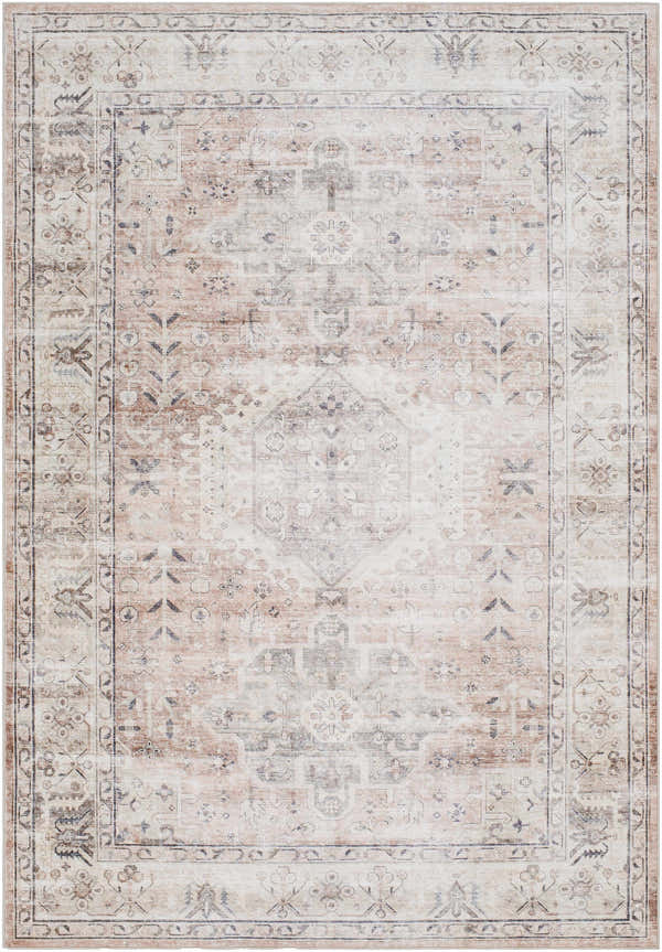 Close-up of the Laran Taupe Distressed Washable Area Rug, featuring a traditional floral pattern in light gray, taupe, and slate gray. Design-Rectangle-576
