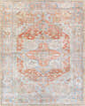 Close-up of the Rust Maayon Washable Rug, featuring a traditional oriental design with brick red, brown, and denim blue tones. Design-Rectangle-7696