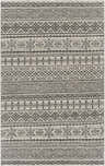 Close-up of the Mababanaba Area Carpet. Hand-woven wool rug with black, cream, and gray bohemian-inspired geometric patterns. Design-Rectangle-576