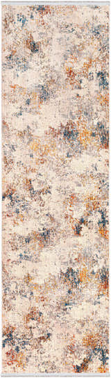 Close-up of the Macayug Area Carpet. Contemporary design with cream, blue, gray, beige, mustard, olive, and rust colors. Design-Runner-279