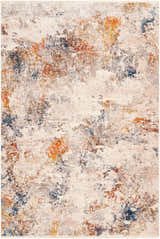 Close-up of the Macayug Area Carpet, a contemporary rug with cream, blue, gray, mustard, and rust abstract pattern. Design-Rectangle-579