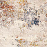 Close-up of Macayug Area Carpet showing cream, dark blue, rust, and gray abstract pattern and soft polyester texture. Swatch